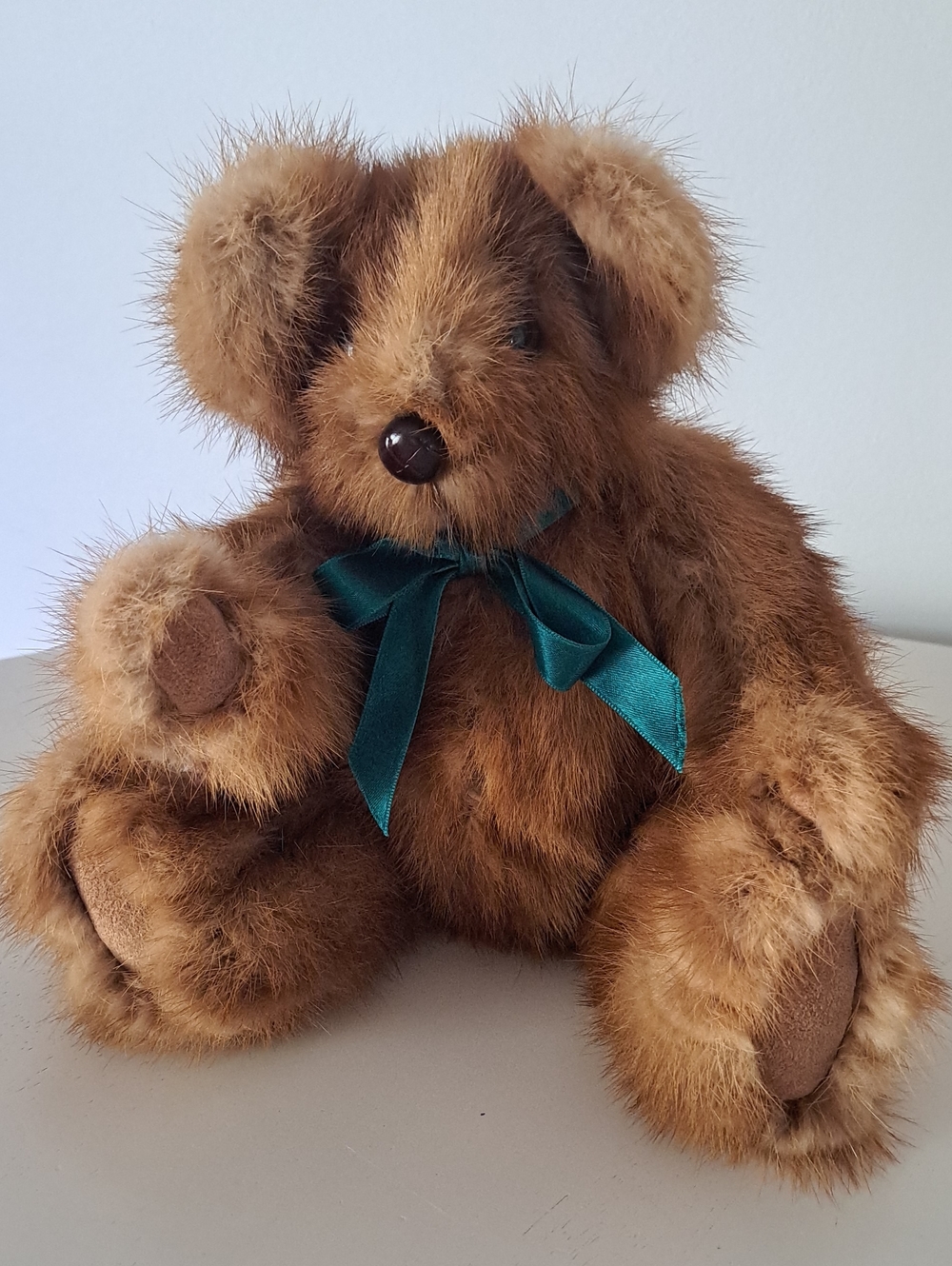 Vintage Recycled Real Fur Brown Plush Teddy Bear with Teal Bow.  Handmade